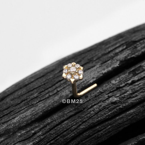 14 Karat Gold Glistening Multi-Gem Flower Sparkle L-Shaped Nose Ring - Clear Gem - Picture 1 of 2